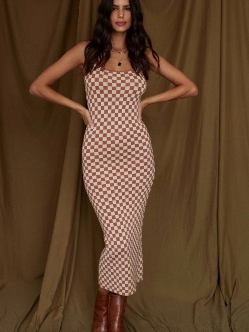12th tribe brown checkered dress size small